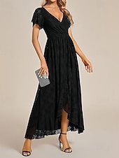 baratos Vestidos para Madrinhas-vestido de madrinha linha a decote em v manga curta elegante renda assimétrica com pregas / franzido 2025