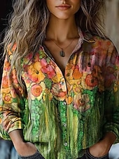 billige Kvinne Boho Topper-Dame Skjorte Grafisk Fritid Langermet Skjortekrage Vanlige topper Arbeid Daglig Knapper Trykt mønster Rød Blå Grønn Kakifarget Vår Høst Vinter