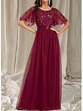 cheap Wedding Guest Dresses-A-Line Wedding Guest Dresses Elegant Dress Wedding Guest Floor Length Short Sleeve Crew Neck Fall Wedding Guest Lace with Glitter Sequin