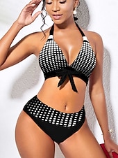 preiswerte Bikini-Sets-Damen Badeanzug Bikini Tankini Zweiteilig Monokini Freche Unterhose Bademode Tiefes V Push-Up Gestrickt Urlaub Tropisch Grafik Farbblock Stürzen Ärmellos Badeanzüge