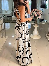 abordables Robes fleuries décontractées-Femmes Robe Longue Maxi Robe Robe évasée Robe à col licou Robe Imprimée Élégant Sortir Robe d&#039;Été Coupe régulière Fleuri Géométrique Sans manches Col Halter Blanche Orange Vert Beige Été