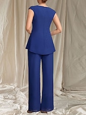 preiswerte Bodenlänge-Jumpsuit  Hosenanzug 3-teilig Kleid der Mutter der Braut Hochzeitsgast Elegantes gewelltes Dekolleté bodenlang Chiffon 3/4-lange Ärmel mit Perlen