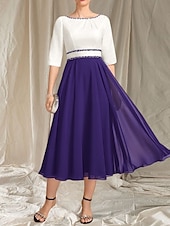 preiswerte Teelänge-A-Linie Brautmutterkleid Hochzeitsgast Elegantes Rundhals Tee-Länge Chiffon Satin Halbarm mit Perlen Raffung Midi Kleid 2025