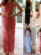 preiswerte Weiße Freizeitkleider-Damen kleid lang Zweiteiliges Kleid Sommerkleid skims dress Modisch Täglich Festtage Wochenende Regular Fit Glatt Ärmellos Spaghetti-Träger Schwarz Rote Blau Aprikose Sommer