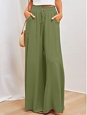 abordables Pantalon en coton et lin-Femmes Jambe large Pantalon en coton et lin Pantalons Mode Longueur complète Trèfle Cordon de serrage Poches Latérales in in france they say Pontalon wide leg Respirabilité Confortable Non Elastique