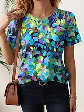 cheap Floral tee-Women&#039;s T Shirt Floral Casual Short Sleeve Round Neck Regular Tops Daily Print Black White Light Green Blue Purple Summer