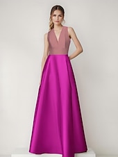 baratos Rosa-Vestido de noite em linha A, elegante, com blocos de cores, costas vazadas, formal, casamento, comprimento até o chão, sem mangas, decote em V, cetim com bolso lateral 2025