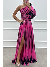 preiswerte Elegante Blumenkleider-Damen kleid lang Ballkleid abendkleider Cocktailkleid Modisch Party Tee-Party Ausgehen Regular Fit Farbblock Langarm Ein-Schulter Weiß Grün Rosenrot Sommer