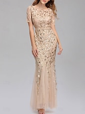 cheap Floor Length-Mermaid / Trumpet Wedding Guest Dresses Elegant Dress Wedding Guest Birthday Floor Length Short Sleeve Crew Neck Tulle with Sequin Embroidery