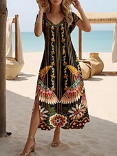 preiswerte Boho Kleider-Frauen Maxikleid Sommerkleid A-Linien Kleid Urlaub Lässig Urlaub Tägliche Regulär Passform Blumen Grafik Kurze Ärmel V-Ausschnitt Schwarz Frühling Herbst