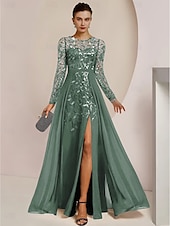 abordables Longueur du plancher-Robe de mère de la mariée A-Line pour invitée de mariage élégante col bijou longueur de sol en chiffon dentelle sequins à manches longues avec plissage avant couleur unie taille personnalisée gratuite