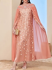 cheap Under $129.99-A-Line Cape Dress Mother of the Bride Dress Elegant Vintage Party Crew Neck Floor Length Chiffon Long Sleeve with Beading Embroidered Lace Applique