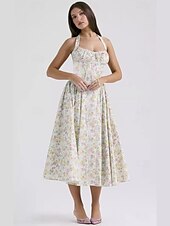cheap Dresses-Retro Vintage Medieval Renaissance Midi Dress Flare Dress Ren Faire Halter Regency Inspired Floral Women&#039;s Masquerade Wedding Vacation Casual Daily Adults&#039; Dress Summer