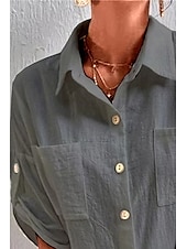 preiswerte Hemden-Damen Hemd Baumwoll-Leinen-Hemden Knopfleiste Bluse Einfach Basic Lässig Kurzarm Hemdkragen Normale Oberteile Ferien Ausgehen Knöpfe Tasche Schwarz Weiß Marineblau Khaki Grau Sommer