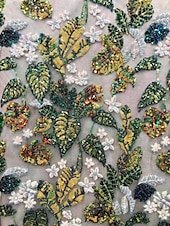 cheap GREEN-Green Floral Embroidered Leaf A-Line Evening Gown Elegant Dress Formal Wedding Floor Length Half Sleeve Illusion Neck Satin with Slit Appliques 2025