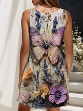 preiswerte Blumenkleider-Damen Minikleid Sommerkleid A Linie Kleid Schulterfreies Kleid Urlaub Lässig Täglich Ferien Strand Normale Passform Blumen Grafik Schmetterling Ärmellos Rundhalsausschnitt Purpur Sommer