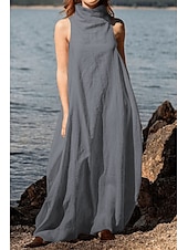 abordables Robes-Femmes Robe Longue Maxi Robe Robes inspirées du lin Robe en coton et lin Mode Classique Moderne Vacances Sortir Week-end Coupe régulière Uni Sans manches Col roulé Noir Kaki Gris foncé Bleu clair Été