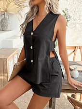 cheap Sets-Women&#039;s Active Basic Linen-Inspired Sets Two Piece Sets Vest Sleeveless V Neck Solid Color Casual Daily Black White Pink Summer Regular Fit