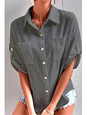 preiswerte Hemden-Damen Hemd Baumwoll-Leinen-Hemden Knopfleiste Bluse Einfach Basic Lässig Kurzarm Hemdkragen Normale Oberteile Ferien Ausgehen Knöpfe Tasche Schwarz Weiß Marineblau Khaki Grau Sommer