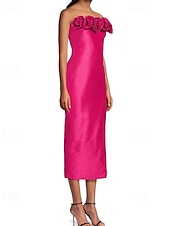 preiswerte Cocktailkleider-Säulen Cocktailkleider Elegantes Kleid Formelles Hochzeitskleid Tee Länge Ärmellos Off-Shoulder Rosa Kleid Satin mit Blume