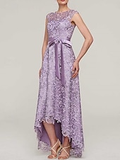 abordables Longueur du thé-Robe Mère de la Mariée A-Line Invité de Mariage Élégante Minimaliste Détachable Col Bascule Asymétrique Mi-Longue en Dentelle Charmeuse Sans Manches avec Dentelle Robe Midi 2025