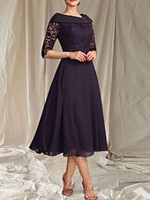 preiswerte Teelänge-A-Linie Brautmutterkleid Hochzeitsgast Elegante gewellte Ausschnitt Tee-Länge Chiffon Spitze Halbarm mit Spitze Perlen Midi Kleid 2025