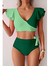preiswerte Bikini-Sets-Damen Badeanzug Bikini Bademode Hoch tailliert Tropisch Strandbekleidung Farbblock V-förmiger Draht-Ausschnitt Ärmellos Badeanzüge
