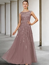 olcso Padlóhossz-A vonalú menyasszonyi anyák ruha esküvői vendég elegáns luxus ékszer nyakú floor length csipke tüll ujjatlan sávval  szalaggal gyöngyözött flitterekkel egyedi méretben