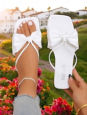 billige Kjole Sandaler-flate sandaler med hvit sløyfe for kvinner – minimalistiske sommerlysbilder for fritidsklær og stranddager