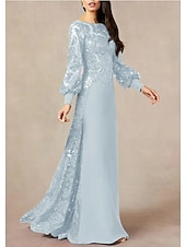 cheap Floor Length-A-Line Mother of the Bride Dress Formal Wedding Guest Elegant Jewel Neck Floor Length Chiffon Sequined Long Sleeve with Sequin 2025 free custom size