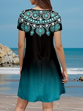 levne Boho šaty-Letní mini šaty pro ženy áčkový střih tričkové šaty volné šaty dovolená neformální dovolená každodenní běžný střih grafický design geometrické krátké rukávy kulatý výstřih modré léto jaro