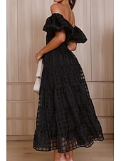 cheap Vacation Dresses-Women&#039;s Midi Dress Graduation Dress Fashion Modern Lantern Sleeve Vacation Graduation Weekend Regular Fit Plain Short Sleeve Off Shoulder Black White Yellow Pink Summer