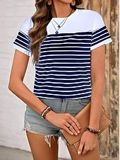 billige Stripe og geometrisk t-skjorte-Dame T skjorte hav Stripet Fritid Kortermet Rund hals Vanlige topper Daglig Ut på byen Helg Trykt mønster Navyblå Sommer