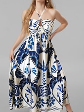 tanie Sukienki z nadrukiem-Damskie Sukienka midi Sukienka dla gościa weselnego w stylu boho Elegancja Elegancki Seksowny Ponadgabarytowych Kwiaty Bez rękawów Kantarka Niebieski Lato Wiosna