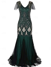 abordables Moins de 129,99 $-Robe Robe de Mère de Mariée  Élégant ancien Fête Col en V Longueur au sol Polyester Manche Courte avec Paillettes 2025