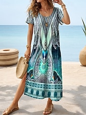 tanie Sukienki boho-Damskie Sukienka midi Sukienka letnia Sukienka A line Urlop Codzienny Boho Motylkowy Urlop Plaża Regularny Graficzny Geometryczny W Tureckie Wzory Krótki rękaw Wycięcie pod szyją Biały Żółty