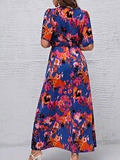 preiswerte Blumenkleider-Damen Midikleid Corsagenkleider A Linie Kleid Figurbetontes Kleid Urlaub Ausgestellter Ärmel Urlaub Täglich Strand Regular Fit Graphic Kurzarm V Ausschnitt Blau Grün Sommer