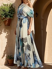abordables BLEU-Robe de soirée en A élégante robe formelle de bal longueur au sol sans manches épaule dénudée chiffon avec imprimé floral robe invitée de mariage 2025