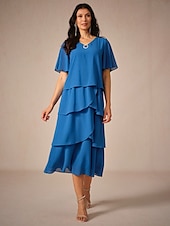 preiswerte abendkleider-Damen Knielanges Kleid Chiffonkleid Elegant Stilvoll Fließend Hochzeit Hochzeitsgast Lässiger Schnitt Einfarbig Kurzarm V Ausschnitt Königliches Blau Sommer Frühling