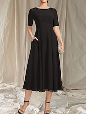 abordables Longueur du thé-Robe Mère de la Mariée A-Line Invité de Mariage Élégante Col Arrondi Longueur Thé Chiffon Manches Courtes avec Perles Appliques Robe Midi 2025