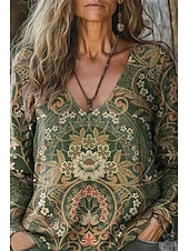 billiga Skjortor-Dam Linneinspirerade skjortor T-shirt Blommig Mode Ledigt Långärmad V-hals Vanliga toppar Dagligen Utekväll Mönster Rubinrött Orange Brun Grön Sommar