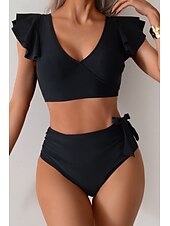 preiswerte Bikini-Sets-Damen Badeanzug Bikini Bademode Hoch tailliert Tropisch Strandbekleidung Farbblock V-förmiger Draht-Ausschnitt Ärmellos Badeanzüge