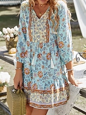 billiga Bohemklänningar-Dam Mini klänning Vardagsklänning Sommarklänning Boho-klänning Mode Utomhus Semester Dagligen Normal Blommig 3/4 ärm V-hals Gul Rodnande Rosa Blå Grön Sommar