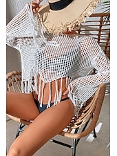 cheap Blouses &amp; Shirts-Women&#039;s Blouse Plain Modern Casual Long Sleeve Crew Neck Regular Tops Daily Holiday Going out Hollow Out Fringe Black White Green Summer