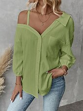 preiswerte Damen Einfache Oberteile-Damen Hemd Einfarbig Stilvoll Lässig Langarm Hemdkragen Normale Oberteile Täglich Knöpfe Tasche Schwarz Weiß Grün Aprikose Sommer