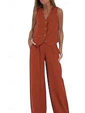 cheap Sets-Women&#039;s Active Basic Linen-Inspired Sets Two Piece Sets Blouse Sleeveless V Neck Solid Color Dubbele Rij Knopen Vacation Casual Daily Black White Wine Summer Regular Fit