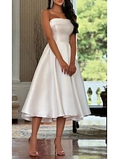 cheap Little White Dresses-Engagement Little White Dresses Wedding Dresses A-Line Sweetheart Sleeveless Tea Length Satin Bridal Gowns With Pleats Solid Color 2025