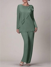 voordelige Broekpakken van mama-Strand Bruiloft Twee Delige Jumpsuit  Pantsuit Moeder van de Bruid Bruiloft Gast Elegante Plus Size Juweel Hals Vloerlengte Chiffon Lange Mouw met Strik(ken) Rimpelingen 2025