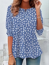 billige Blomster t-skjorte-Dame T skjorte Kjærlighed Grafisk Elegant Årgang Mote Langermet Crew-hals Vanlige topper Daglig Ut på byen Helg Trykt mønster Rosa Blå Sommer Vår