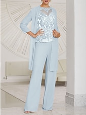 economico Tailleur pantalone della mamma-Tuta  abito intero 3 pezzi madre della sposa invitata al matrimonio elegante collo illusion lungo fino al pavimento in chiffon pizzo maniche lunghe con arricciature colore solido taglia